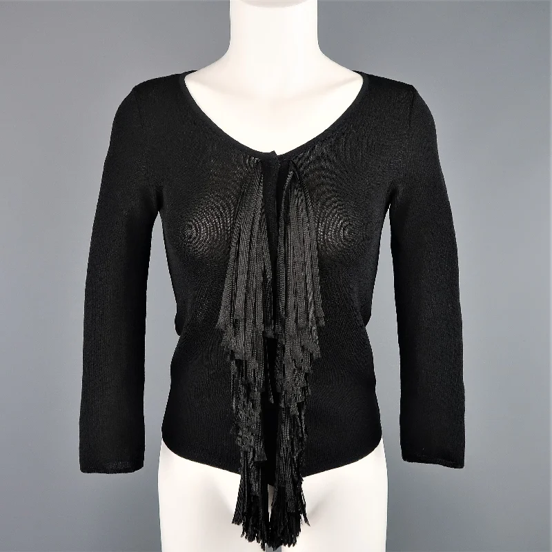 GIAMBATTISTA VALLI Size S Black Scoop Neck Ribbon Fringe Snap Cardigan