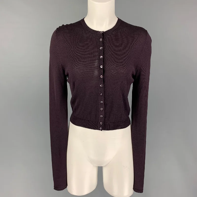 JOHN GALLIANO Size S Eggplant Silk Perforated Crew-Neck Cardigan