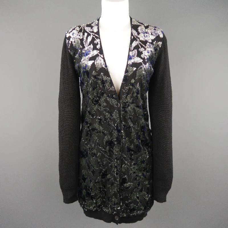 LANVIN Size M Black Metallic Burnout Jacquard Panel  Cardigan