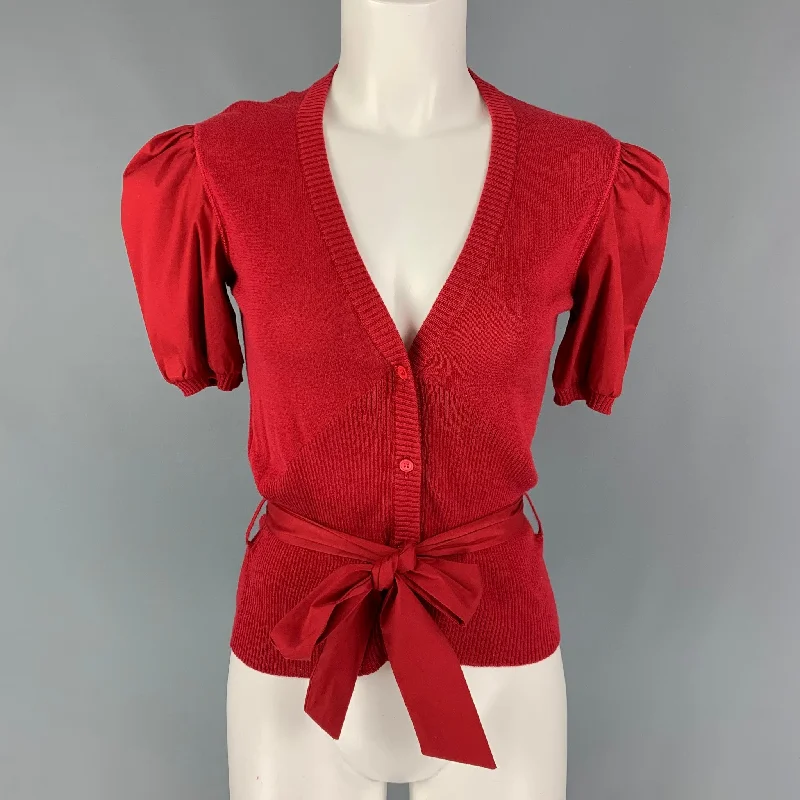 MIU MIU Size 4 Red Cotton Belted Short Sleeve Cardigan