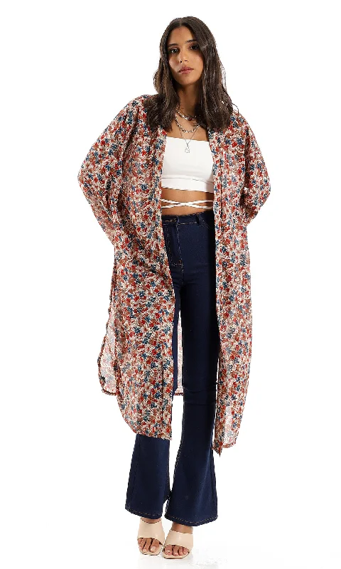 O156329 Trendy Slip On Floral Polyester Cardigan - Multicolour