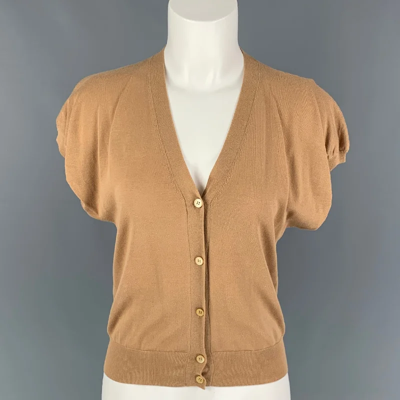 PRADA Size 4 Camel Cotton Short Sleeve Cardigan