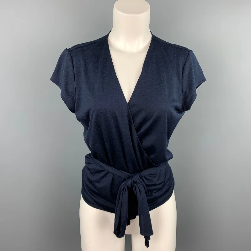 RALPH LAUREN Black Label Size L Navy Jersey Silk Wrap Short Sleeve Cardigan