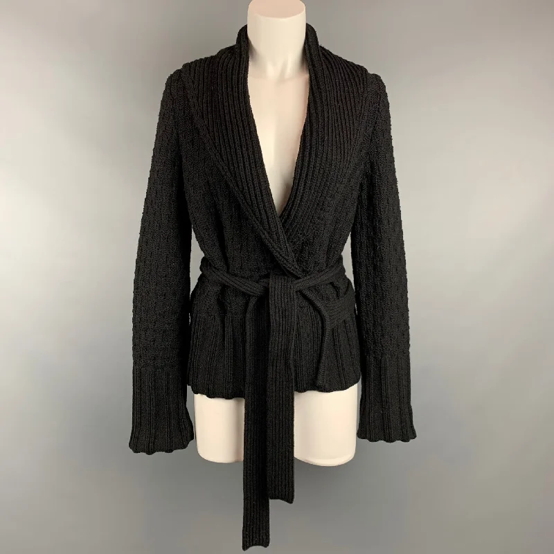 SONIA RYKIEL Size 2 Black Knitted Textured Wool / Cashmere Belted Cardigan