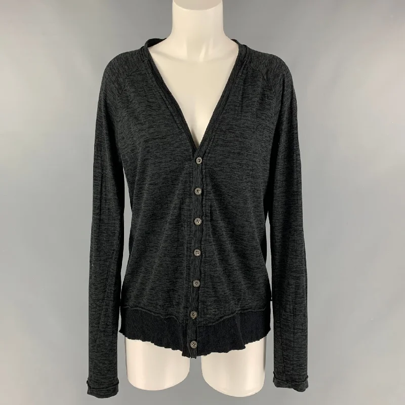 THE VIRIDI-ANNE Size S Black and Charcoal Cotton Marbled V-Neck Cardigan