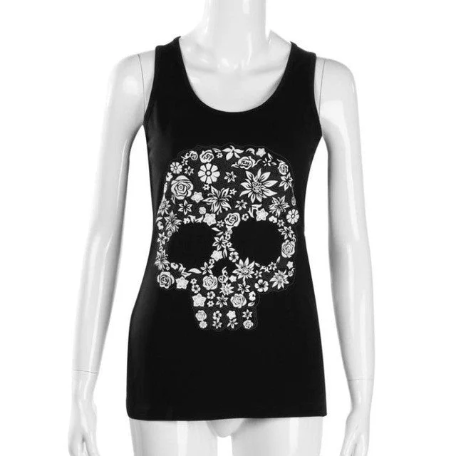 Skull Print T Shirt 2017 Summer Elegant Women Sexy Lace Hollow Out Back Pink White Sleeveless Tank Tops